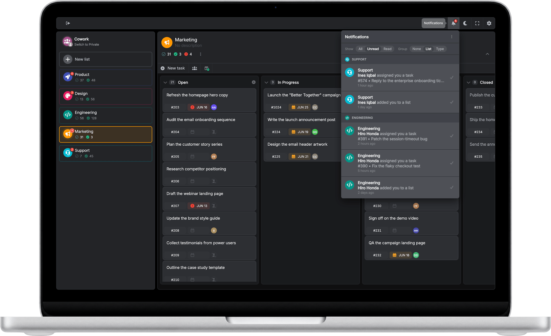 ListoWP task board with To Do, In Progress, Review and Closed columns